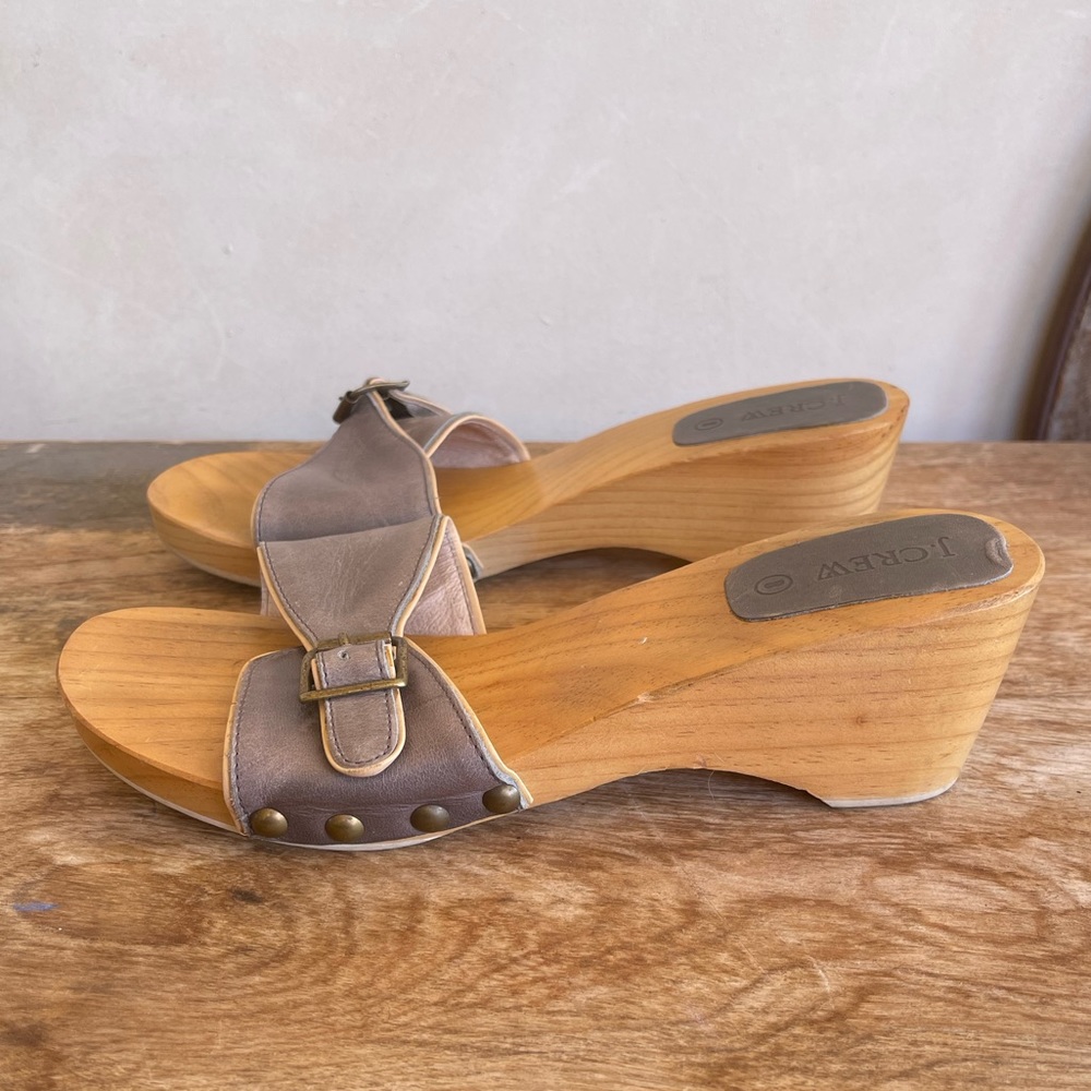 Sold-J CREW Wood Soles Leather Clog Type Open-Toe Slides Adjustable Buckle 8M